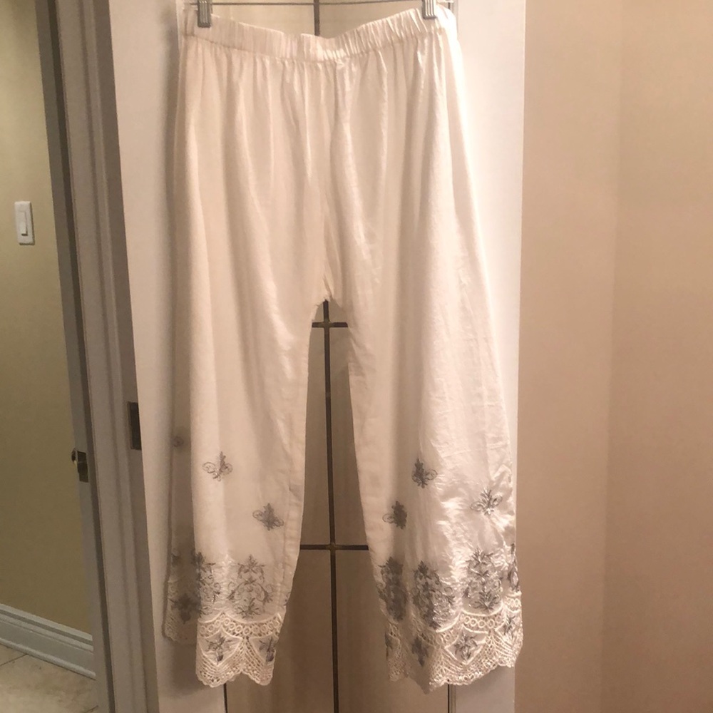 White Embroidered Wide Leg Lounge Pants